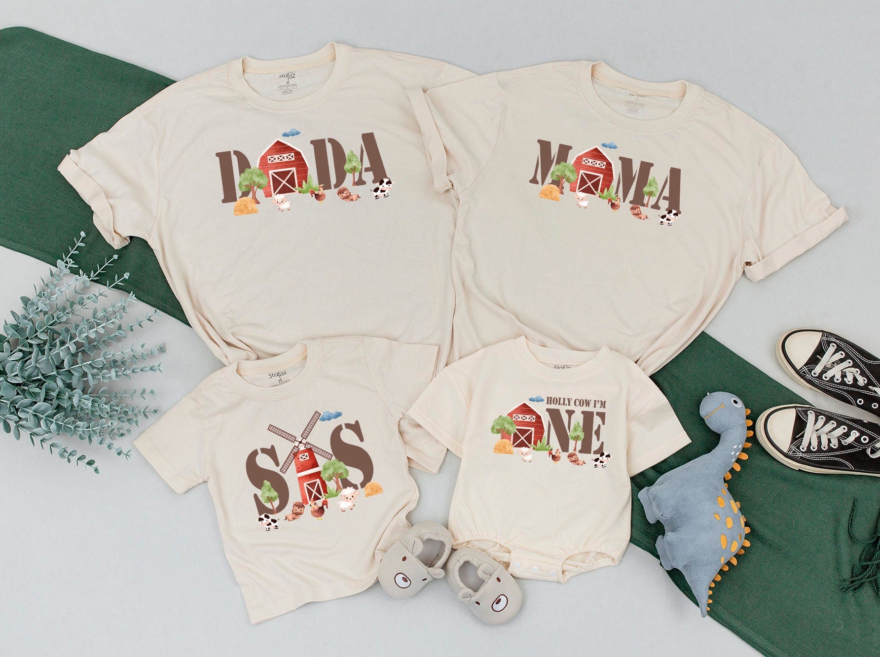 Holy Cow I'm One Farm First Birthday Shirts, Matching Family Barn Party T-Shirt, Whimsical Cow Chickens Sheep Earth Tone Celebration