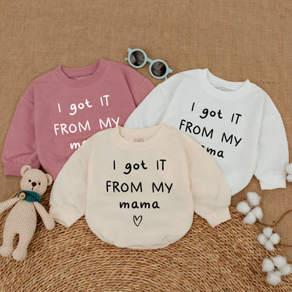I Got It From My Mama Baby Romper Bodysuit Mother's Day Gift Mama's Bestie Outfit Soft Cotton Minimalist Black Ink Heart Design New Mom Shower Present