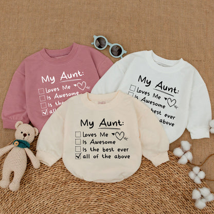 My Aunt Loves Me Checklist Baby Romper Bodysuit Auntie's Bestie Adorable Cute Newborn Outfit Best Aunt Ever Black Ink Design Baby Shower Gift