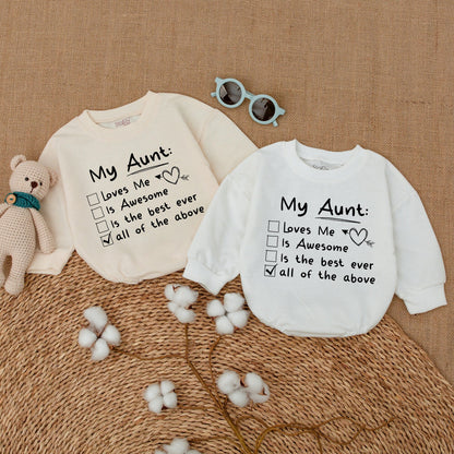 My Aunt Loves Me Checklist Baby Romper Bodysuit Auntie's Bestie Adorable Cute Newborn Outfit Best Aunt Ever Black Ink Design Baby Shower Gift