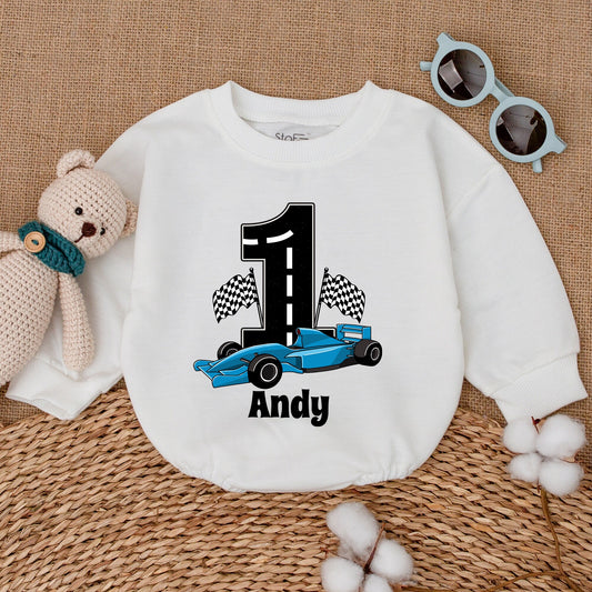Personalized Open Wheel Race Car First Birthday Romper Baby Boy Checkered Flag Bodysuit with Andy Name Custom Cartoonish Racing Outfit