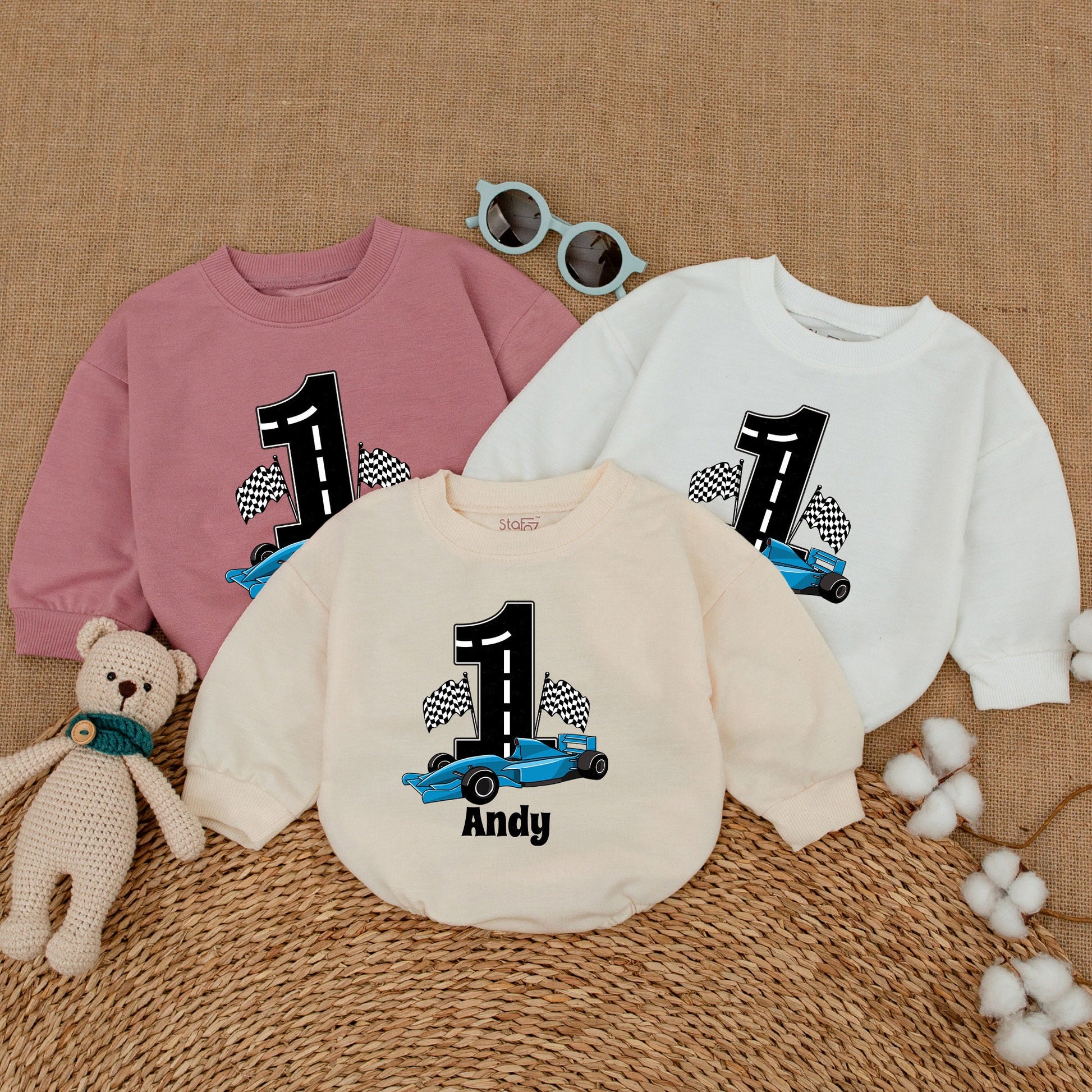 Personalized Open Wheel Race Car First Birthday Romper Baby Boy Checkered Flag Bodysuit with Andy Name Custom Cartoonish Racing Outfit
