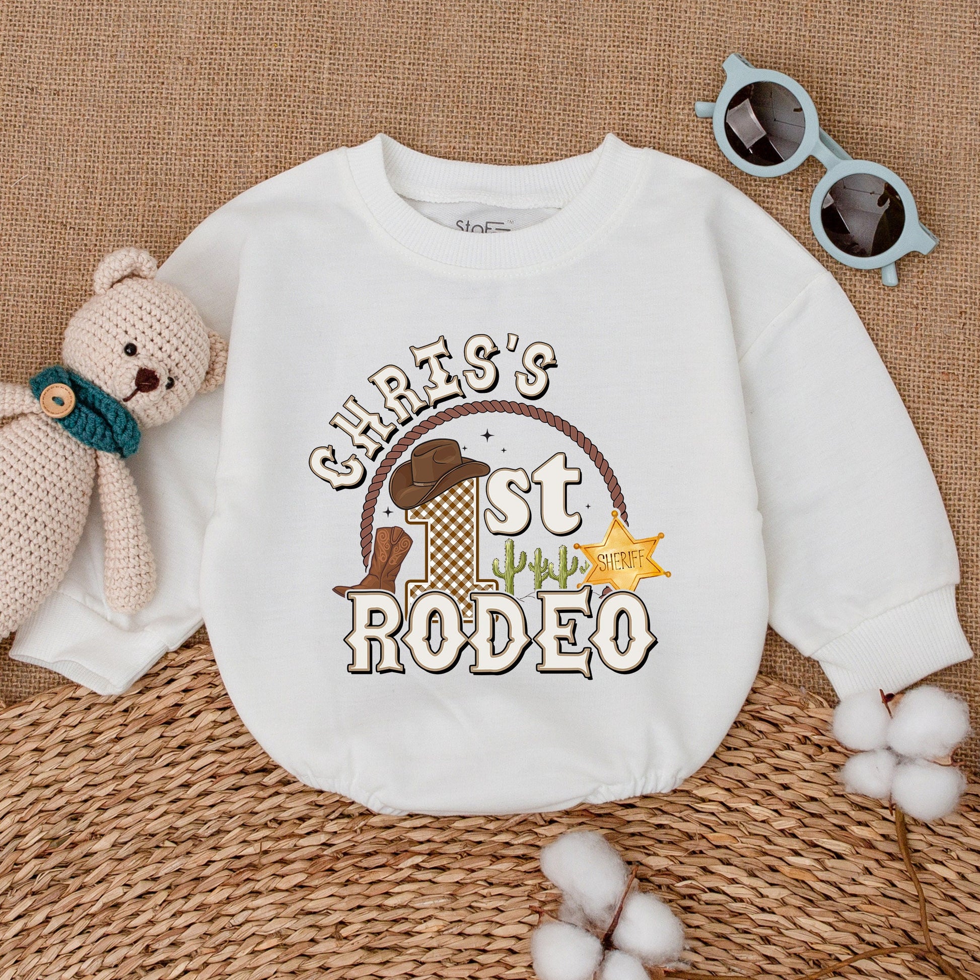 Personalized First Rodeo Birthday Romper Custom Name Western Cowboy Baby Boy Bodysuit Hat Boot Cacti Tan Brown Playful One Year Celebration Gift