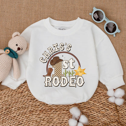 Personalized First Rodeo Birthday Romper Custom Name Western Cowboy Baby Boy Bodysuit Hat Boot Cacti Tan Brown Playful One Year Celebration Gift