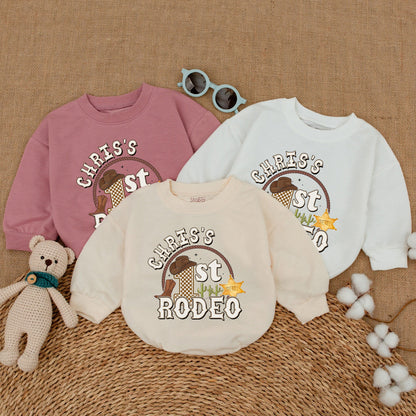 Personalized First Rodeo Birthday Romper Custom Name Western Cowboy Baby Boy Bodysuit Hat Boot Cacti Tan Brown Playful One Year Celebration Gift