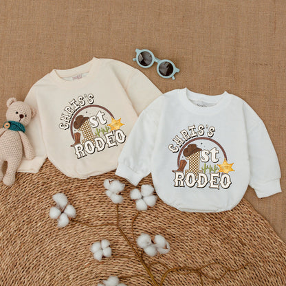 Personalized First Rodeo Birthday Romper Custom Name Western Cowboy Baby Boy Bodysuit Hat Boot Cacti Tan Brown Playful One Year Celebration Gift