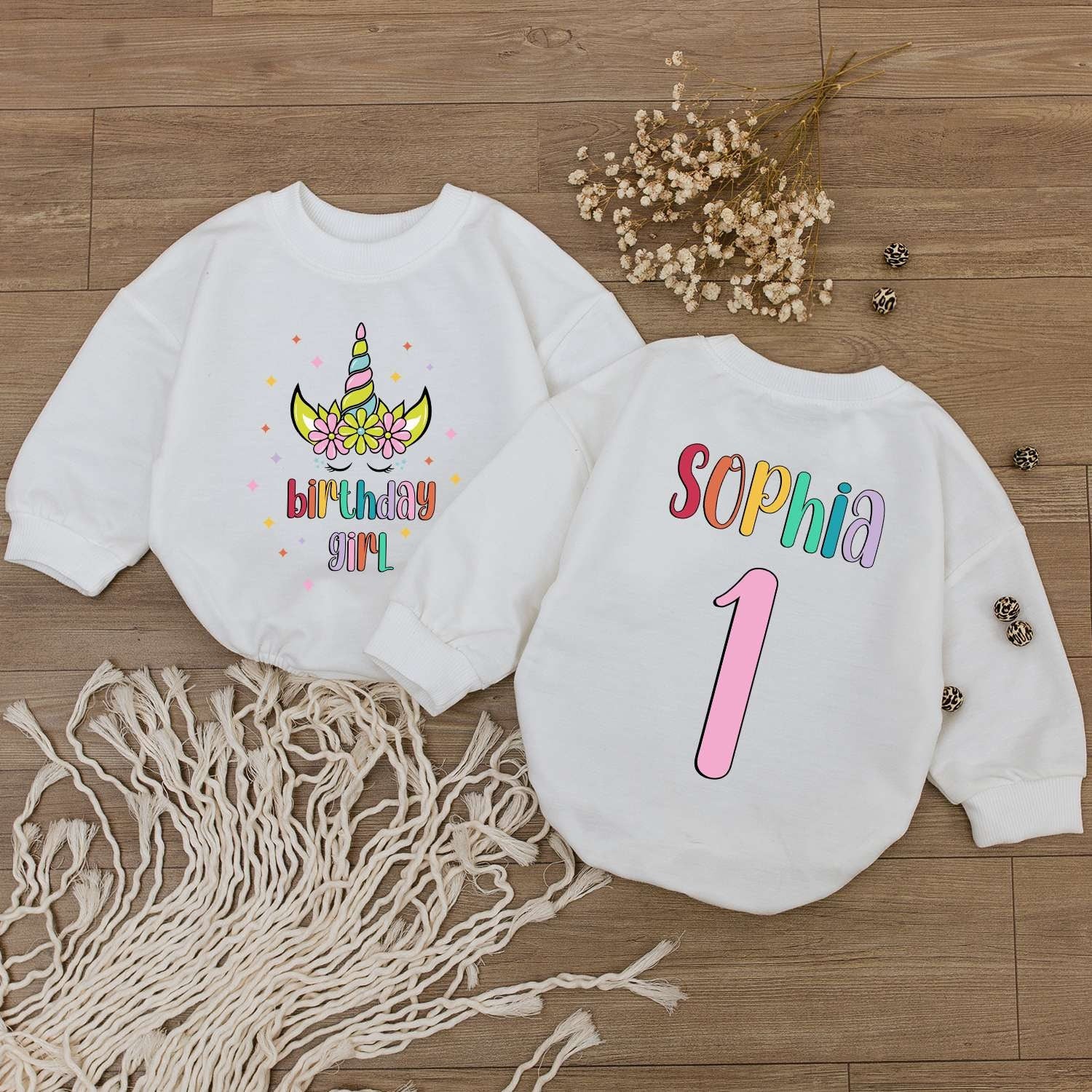 Personalized Rainbow Unicorn First Birthday Girl Bubble Romper with Flowers Custom Name Number One Baby Newborn Shower Gift Adorable Outfit