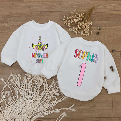 Personalized Rainbow Unicorn First Birthday Girl Bubble Romper with Flowers Custom Name Number One Baby Newborn Shower Gift Adorable Outfit