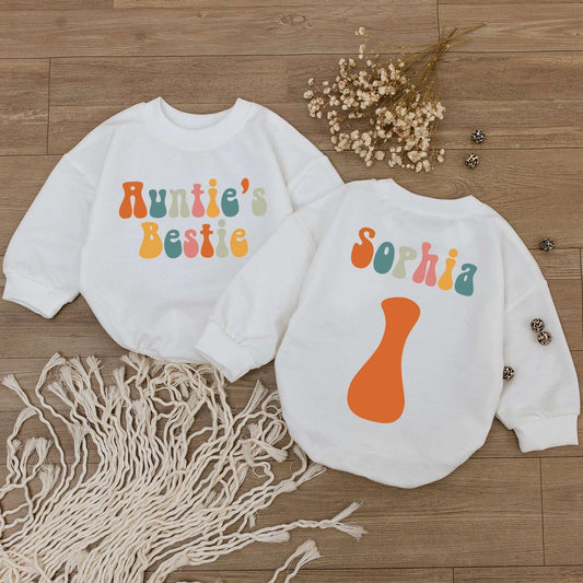 Personalized Auntie's Bestie Retro Baby Romper Name Bodysuit Colorful Vintage Style Newborn Toddler Outfit Adorable Baby Shower Gift Idea