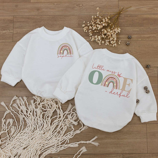 Personalized Little Miss ONE-derful Baby Romper 1st Birthday Outfit Muted Rainbow Crown Design Girl Newborn Sophia Name