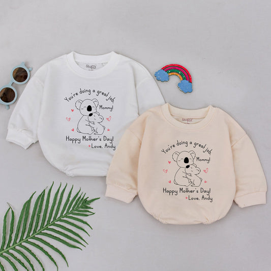 Sweet Custom Mother's Day Baby Girl Romper Koala Hug Design "You're Doing a Great Job, Mommy!" Newborn Shower Gift