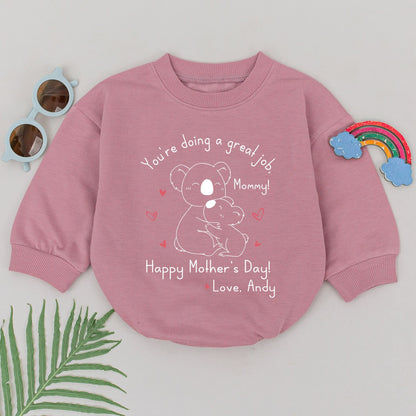 Sweet Custom Mother's Day Baby Girl Romper Koala Hug Design "You're Doing a Great Job, Mommy!" Newborn Shower Gift