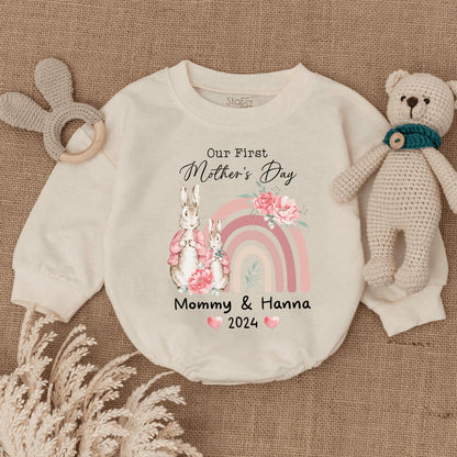Personalized Our First Mothers Day Baby Girl Romper with Cute Bunny Design Natural Bodysuit Infant Clothes Happy 1st Mothers Day Gift