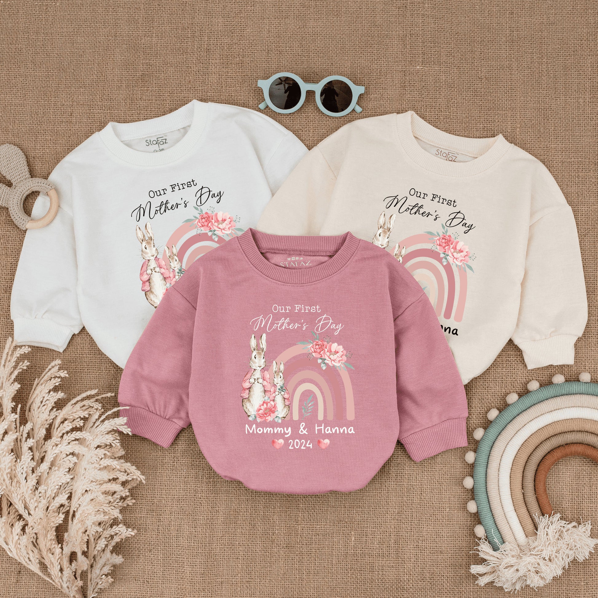Personalized Our First Mothers Day Baby Girl Romper with Cute Bunny Design Natural Bodysuit Infant Clothes Happy 1st Mothers Day Gift
