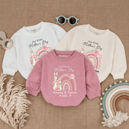 Personalized Our First Mothers Day Baby Girl Romper with Cute Bunny Design Natural Bodysuit Infant Clothes Happy 1st Mothers Day Gift
