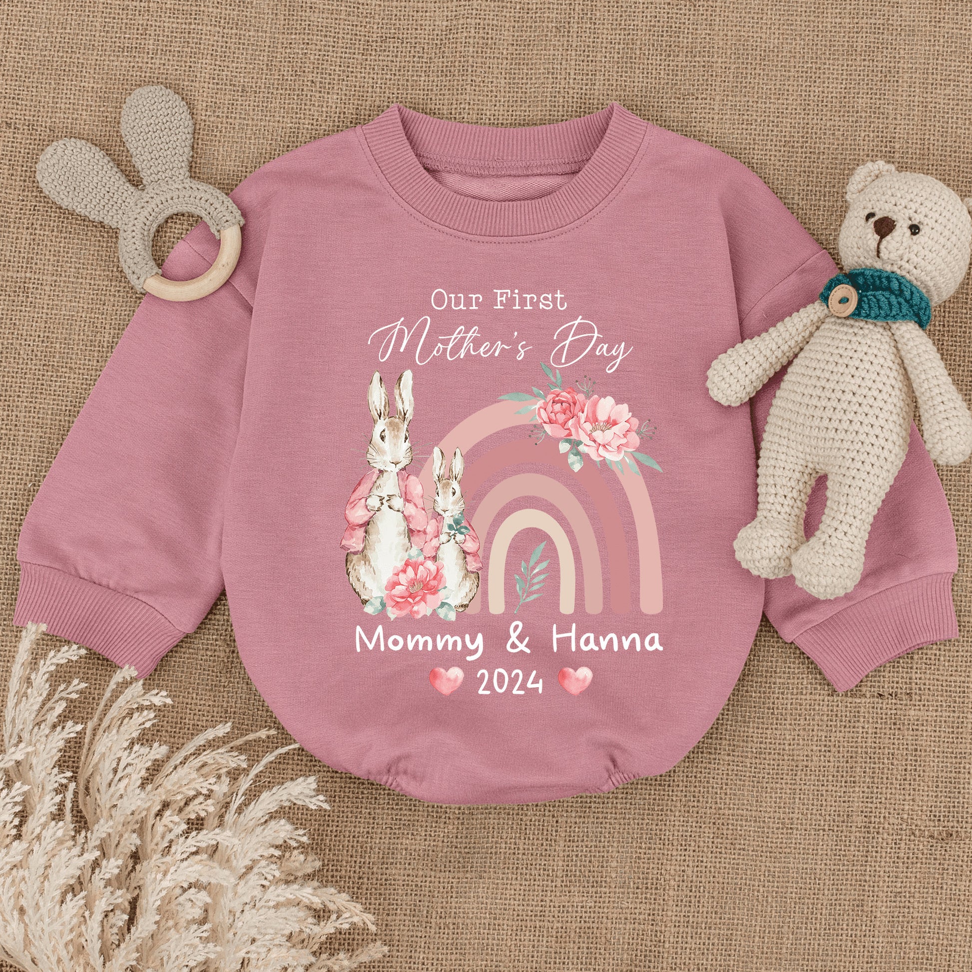 Personalized Our First Mothers Day Baby Girl Romper with Cute Bunny Design Natural Bodysuit Infant Clothes Happy 1st Mothers Day Gift