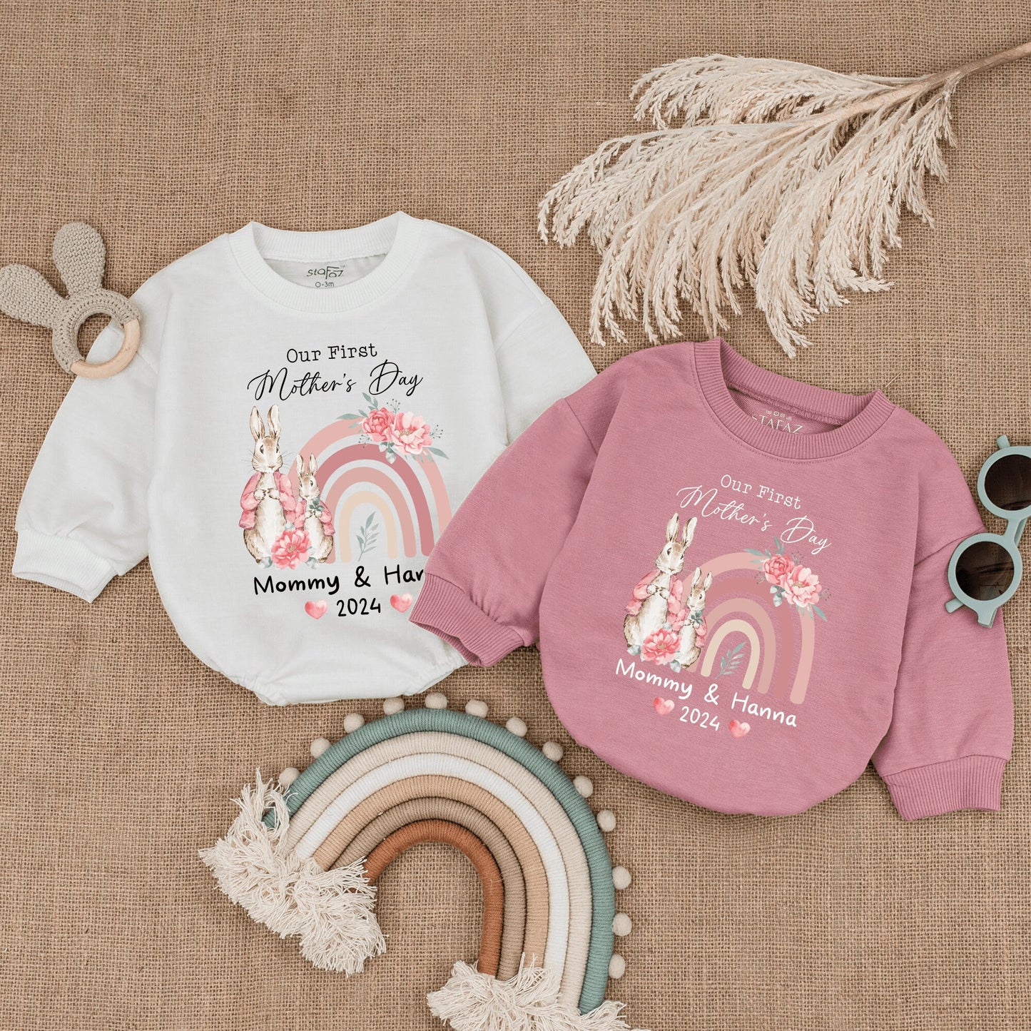 Personalized Our First Mothers Day Baby Girl Romper with Cute Bunny Design Natural Bodysuit Infant Clothes Happy 1st Mothers Day Gift