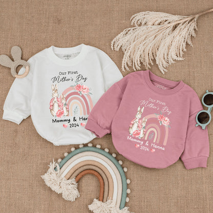 Personalized Our First Mothers Day Baby Girl Romper with Cute Bunny Design Natural Bodysuit Infant Clothes Happy 1st Mothers Day Gift