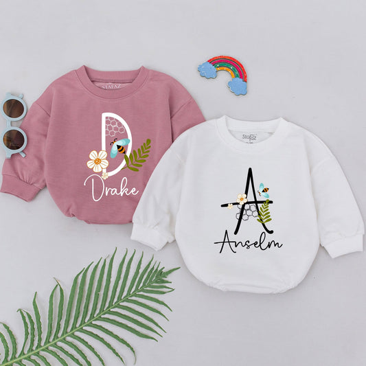 Personalized Baby Bodysuit with Scripted Name, Bee Initial Floral Honeycomb Print, Cute Newborn Coming Home Outfit Shower Gift for Boys Girls
