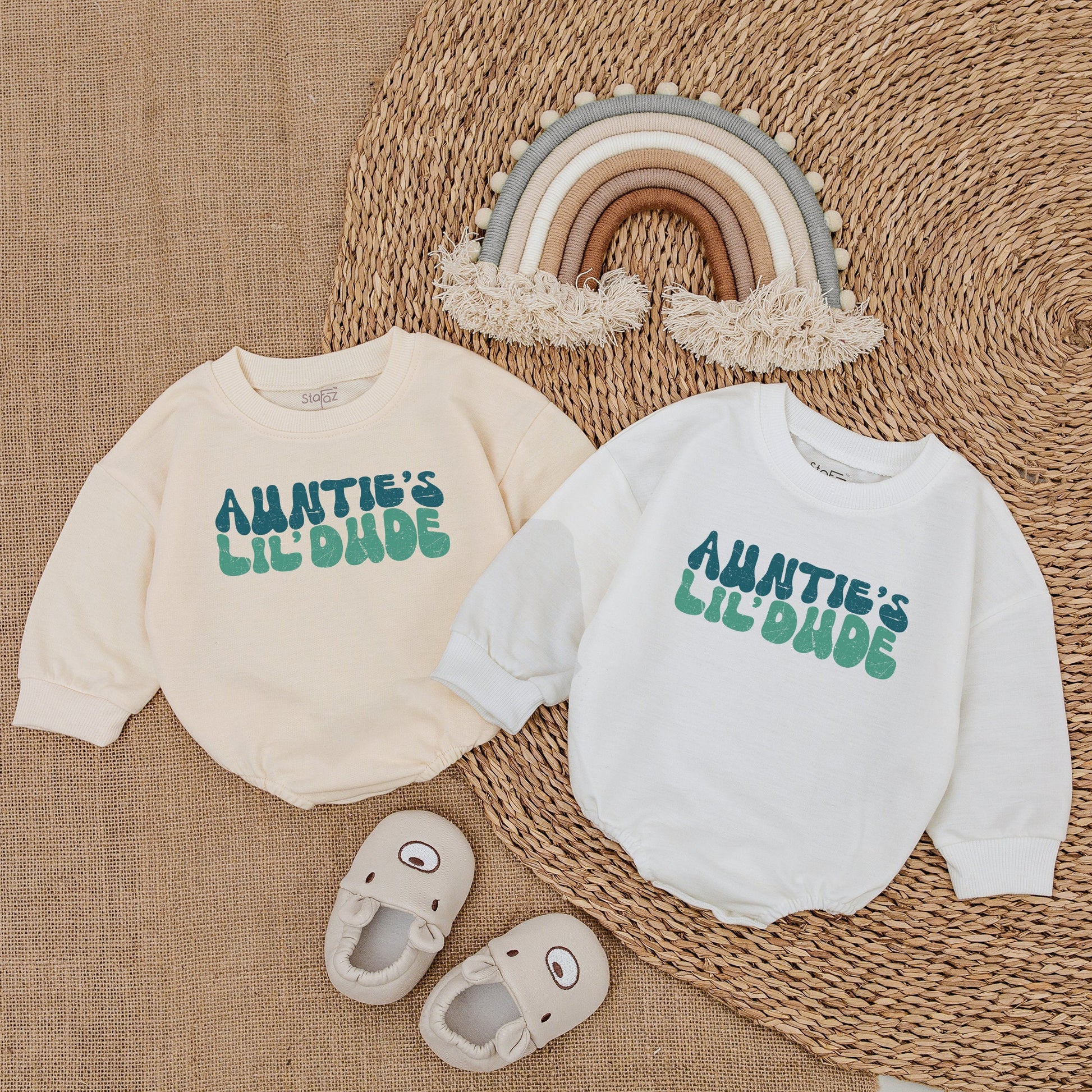 Auntie's Lil Dude Retro Romper Baby Boy Outfit Vintage Teal Font Adorable Gift for New Aunt