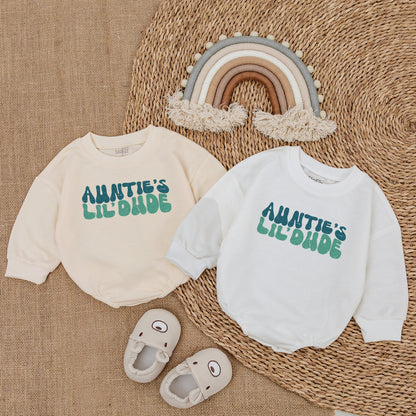 Auntie's Lil Dude Retro Romper Baby Boy Outfit Vintage Teal Font Adorable Gift for New Aunt