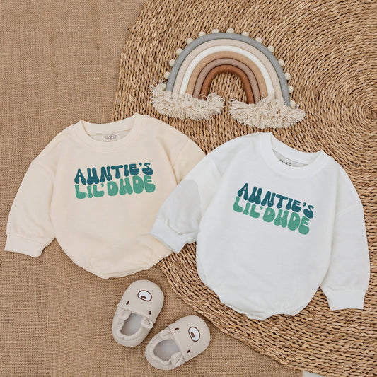 Auntie's Lil Dude Retro Romper Baby Boy Outfit Vintage Teal Font Adorable Gift for New Aunt