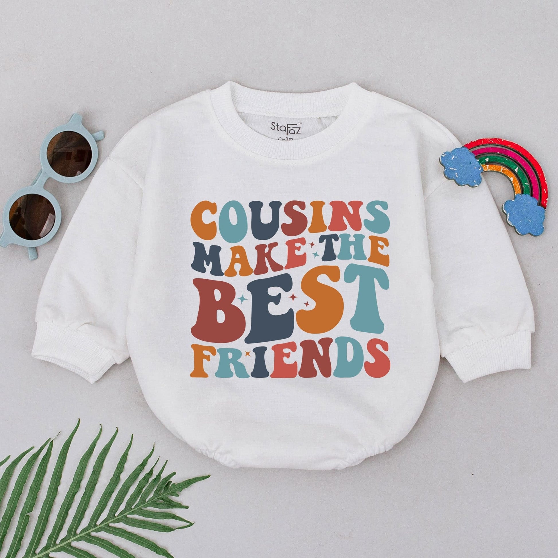 Cousins Make Best Friends Retro Romper Baby Bodysuit Vibrant 70s Stars Fun Orange Navy Blue Teal Colors Toddler Outfit Shower Gift