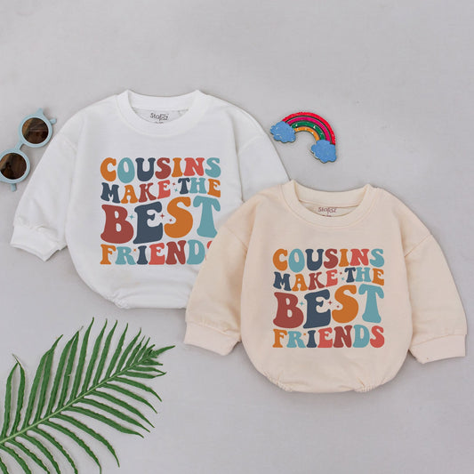 Cousins Make Best Friends Retro Romper Baby Bodysuit Vibrant 70s Stars Fun Orange Navy Blue Teal Colors Toddler Outfit Shower Gift