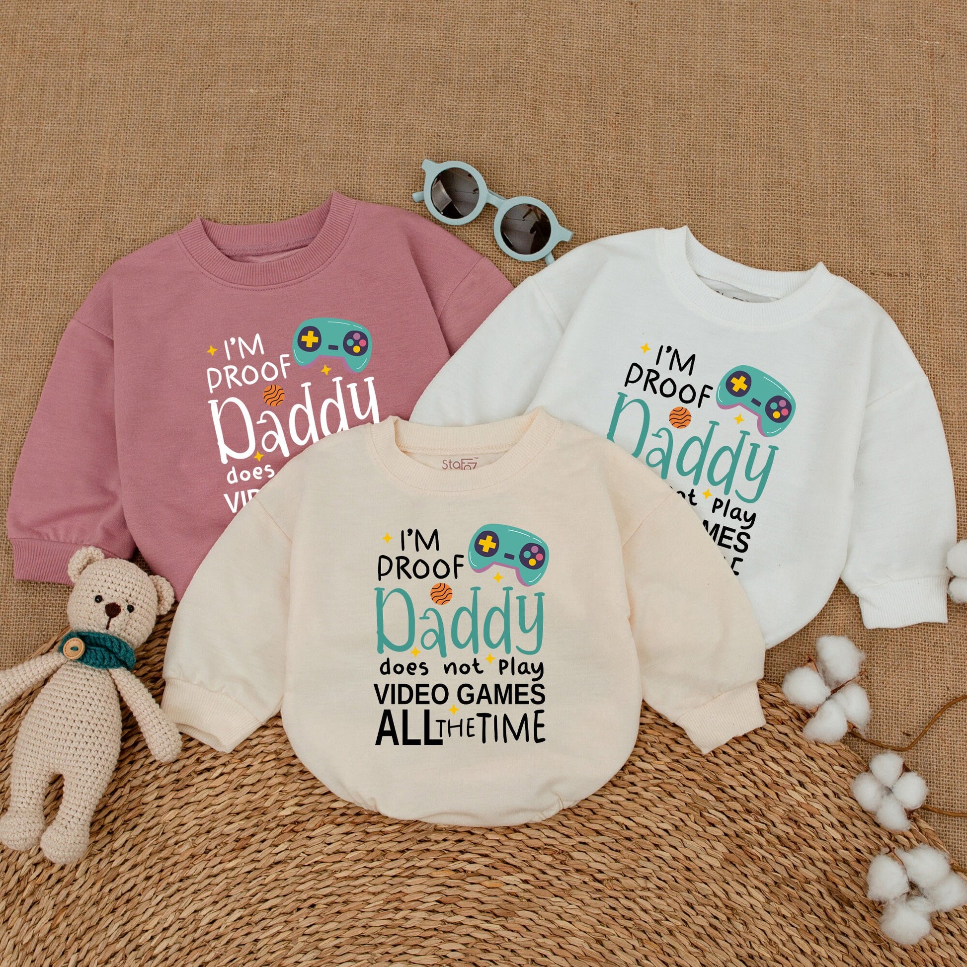 I'm Proof Daddy Does Not Play Video Games All The Time Romper Teal Video Game Controller Baby Bodysuit Father's Day Gamer Dad Gift Announcement Outfit