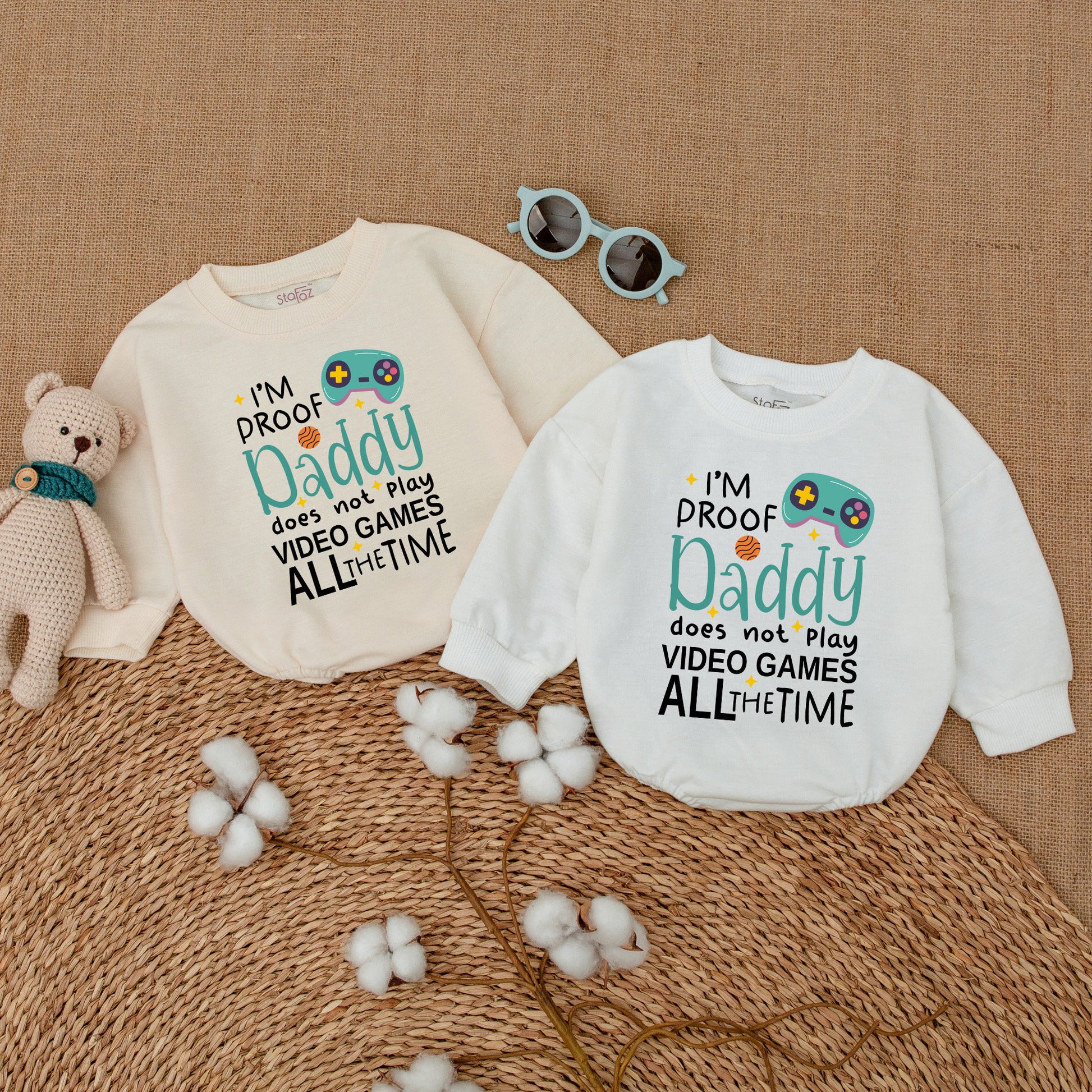 I'm Proof Daddy Does Not Play Video Games All The Time Romper Teal Video Game Controller Baby Bodysuit Father's Day Gamer Dad Gift Announcement Outfit