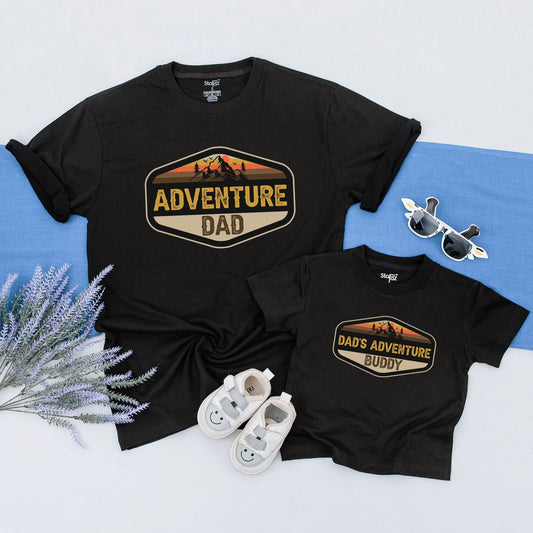 Adventure Dad and Son Matching Shirts Vintage Mountain Design Earthy Sunset Colors First Father's Day Gift Set