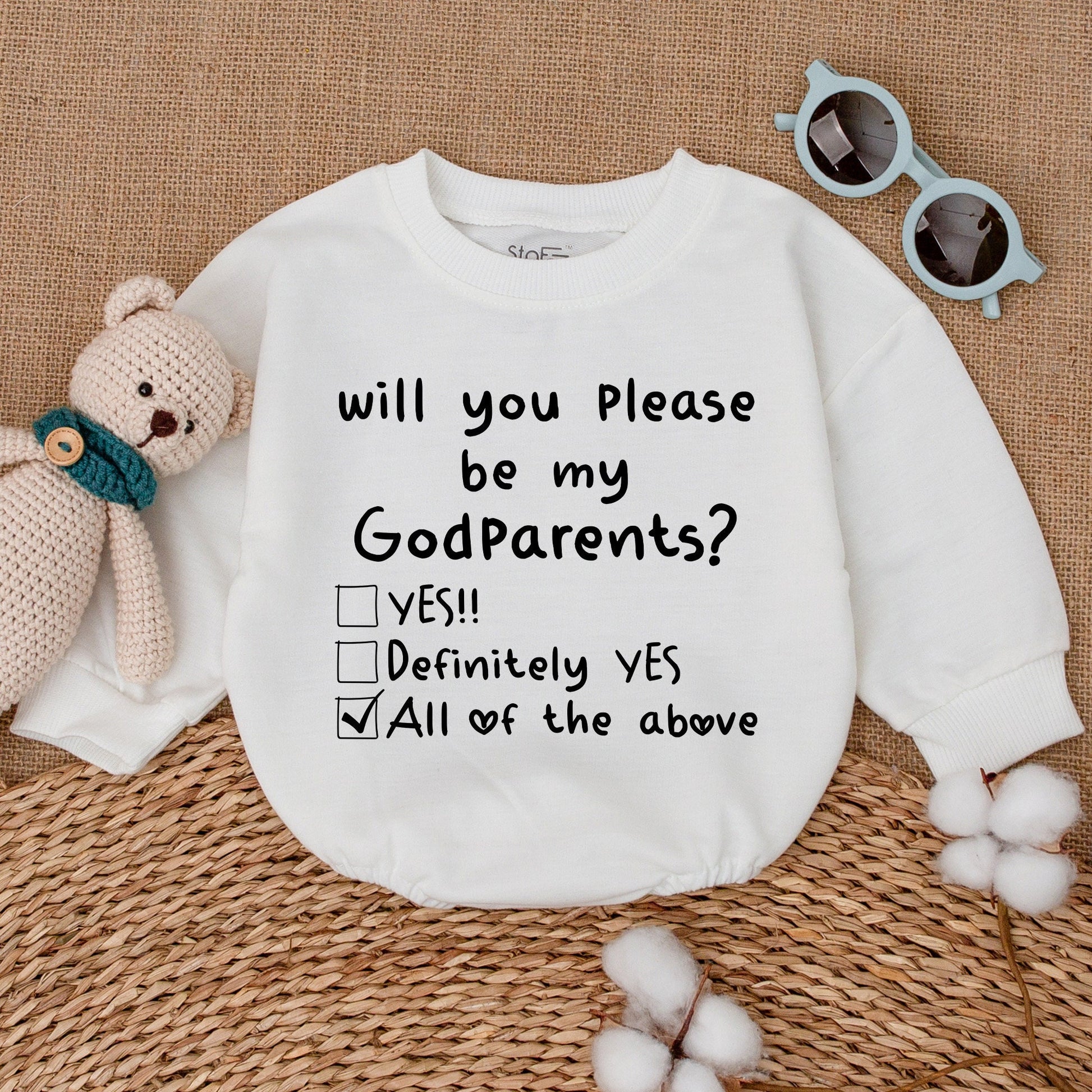 Will You Please Be My Godparents Baby Romper Proposal Bodysuit New Godparents Reveal Announcement Outfit Black Text White Checkbox Hearts Simple Design Shower Gift