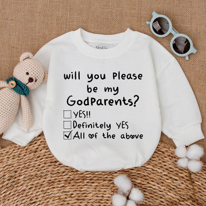 Will You Please Be My Godparents Baby Romper Proposal Bodysuit New Godparents Reveal Announcement Outfit Black Text White Checkbox Hearts Simple Design Shower Gift
