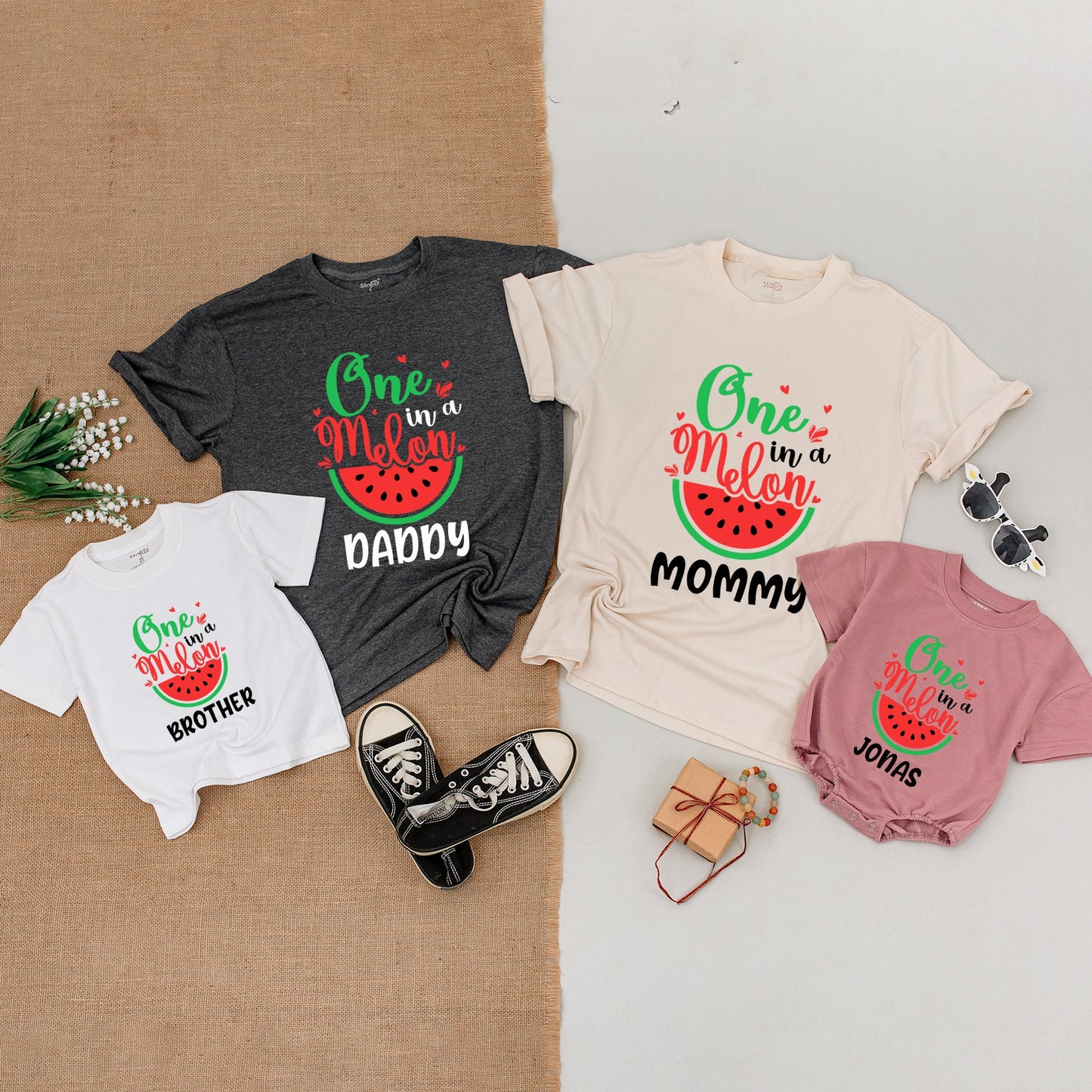 One In a Melon Personalized Watermelon Family Matching Shirt Bodysuit Red Hearts Graphic First Birthday Outfit Baby Girl Clothes Gift