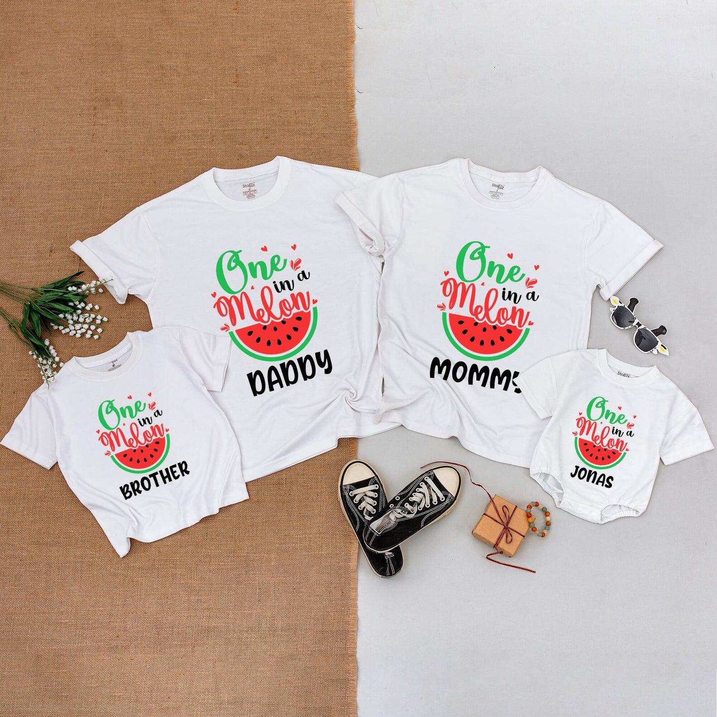 One In a Melon Personalized Watermelon Family Matching Shirt Bodysuit Red Hearts Graphic First Birthday Outfit Baby Girl Clothes Gift
