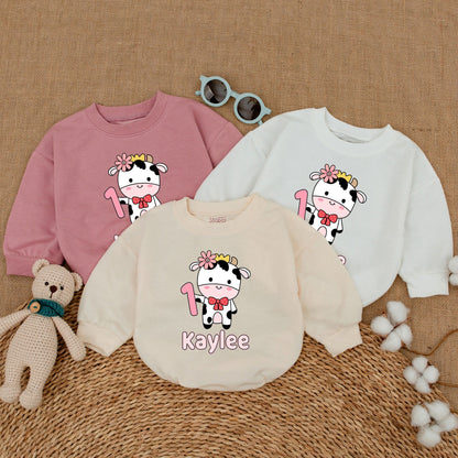 Personalized Holy Cow I'm One Girl's 1st Birthday Romper Pink Flower Crown Red Bow Tie Baby Bubble Bodysuit Outfit Farm Party Shower Gift
