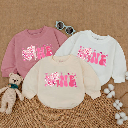 Pink Bubbly ONE Cowgirl Disco First Birthday Romper Baby Girl Western Rodeo Country Outfit with Heart Disco Ball Cowboy Hat Cactus Details