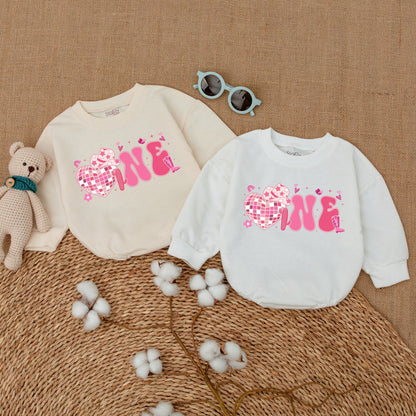 Pink Bubbly ONE Cowgirl Disco First Birthday Romper Baby Girl Western Rodeo Country Outfit with Heart Disco Ball Cowboy Hat Cactus Details