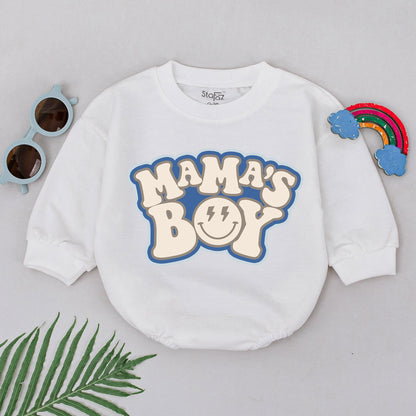 Mama's Boy Baby Romper Bodysuit, Cheerful Retro Newborn Outfit with Smiling Face & Lightning Bolt Eyes, Vintage Gift for Little Boys