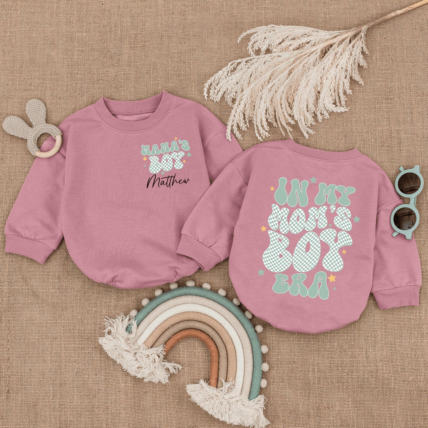 Personalized In My Mom's Boy Era Baby Romper, Retro Green Checkerboard Mama's Boy Bodysuit, Unique First Mothers Day New Baby Gift with Child's Name