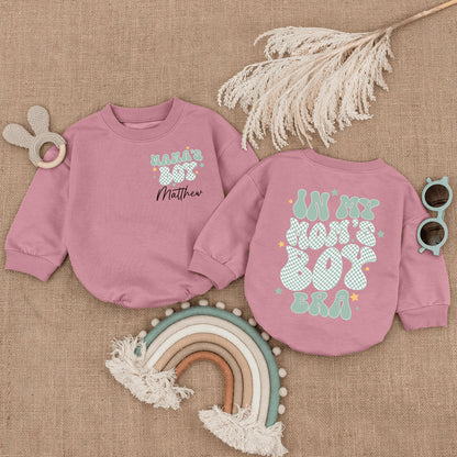 Personalized In My Mom's Boy Era Baby Romper, Retro Green Checkerboard Mama's Boy Bodysuit, Unique First Mothers Day New Baby Gift with Child's Name