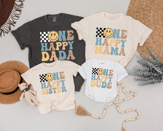 One Happy Dude Birthday Shirt Retro Checkerboard Smiley Face Family Matching 70s Style Outfit for Boys First Birthday Celebration