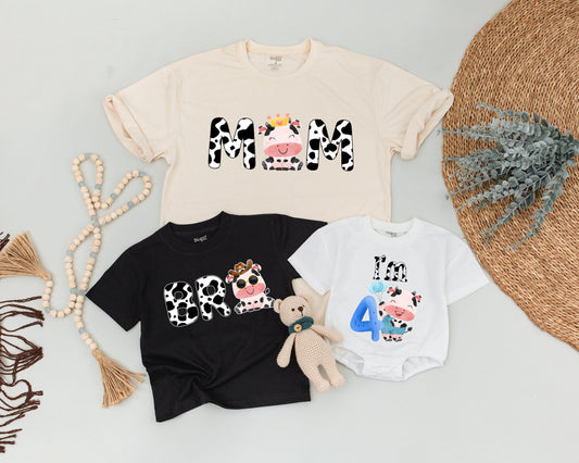Holy Cow First Birthday Family Matching Shirts Dad Mom Baby Sis Whimsical Cow Print Farm Animal Theme Colorful Baby Shower Gift