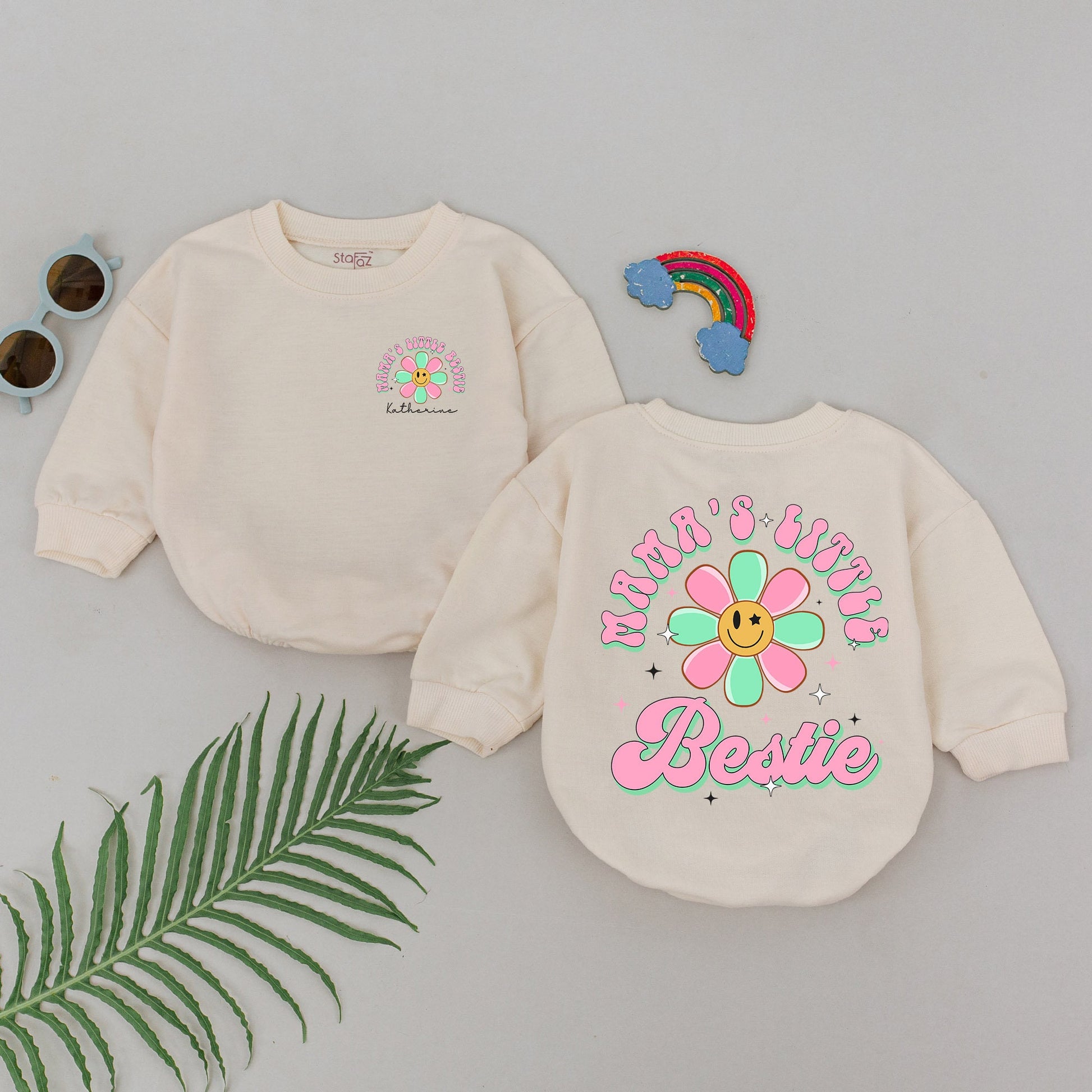 Mama's Little Bestie Baby Girl Romper Retro Pink Mint Daisy Smiley Face First Mother's Day Gift Daughter Outfit Whimsical Newborn Clothes