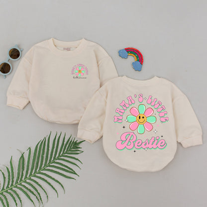 Mama's Little Bestie Baby Girl Romper Retro Pink Mint Daisy Smiley Face First Mother's Day Gift Daughter Outfit Whimsical Newborn Clothes
