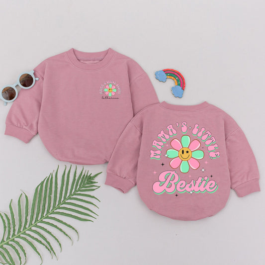 Mama's Little Bestie Baby Girl Romper Retro Pink Mint Daisy Smiley Face First Mother's Day Gift Daughter Outfit Whimsical Newborn Clothes