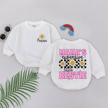 Mama's Expensive Bestie Romper Baby Girl First Mother's Day Gift Retro Daisy Checkered Playful Newborn Shower Outfit Soft Cotton Apparel