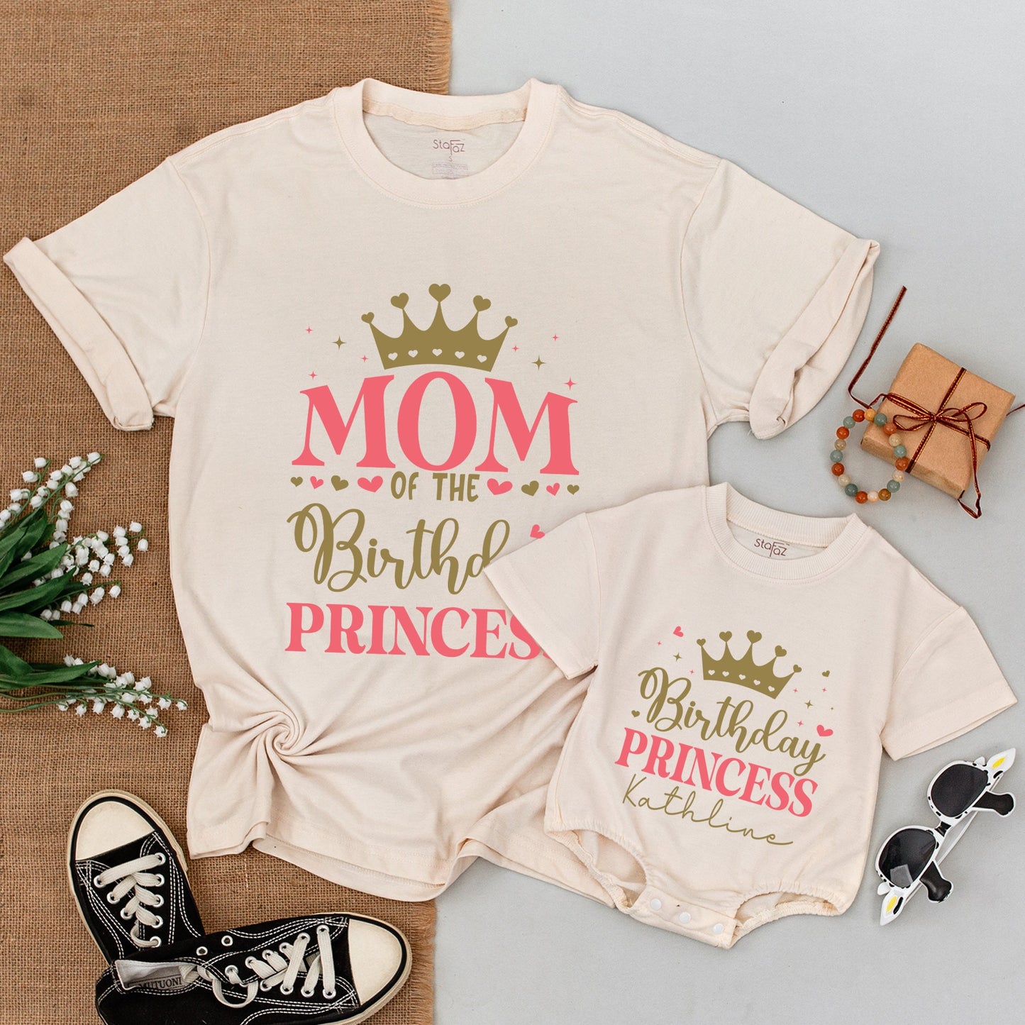 Custom Princess Birthday Family Matching Shirts Pink Gold Crown Retro Girl Tee with Name First Birthday Party Celebration