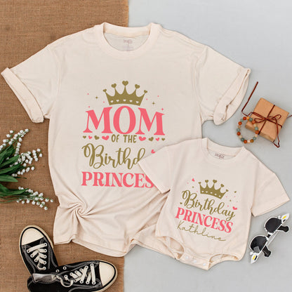 Custom Princess Birthday Family Matching Shirts Pink Gold Crown Retro Girl Tee with Name First Birthday Party Celebration