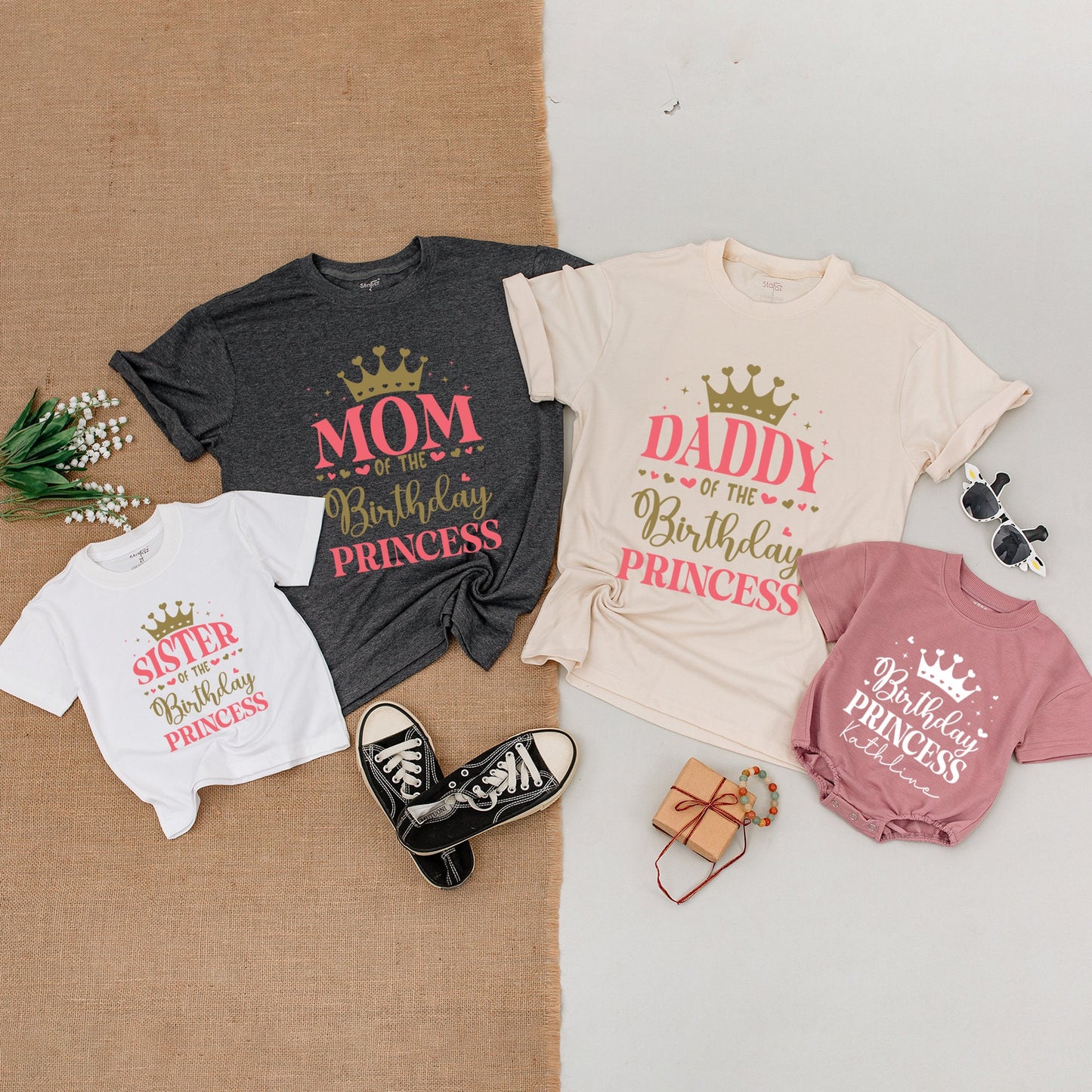 Custom Princess Birthday Family Matching Shirts Pink Gold Crown Retro Girl Tee with Name First Birthday Party Celebration